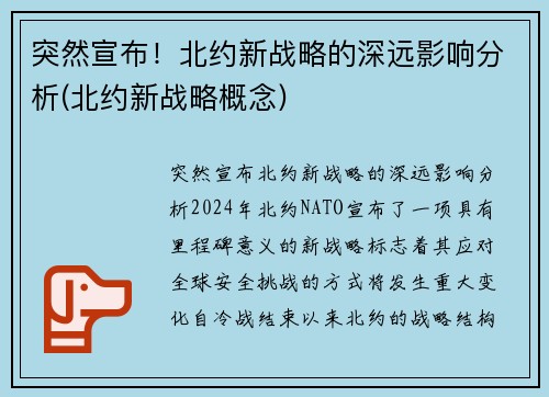 突然宣布！北约新战略的深远影响分析(北约新战略概念)