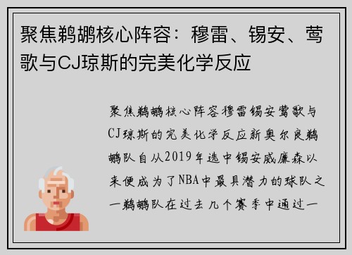 聚焦鹈鹕核心阵容：穆雷、锡安、莺歌与CJ琼斯的完美化学反应